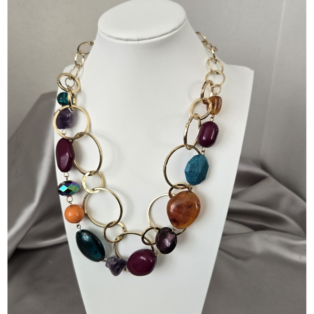 Erica Lyons Signed Women's Necklace Gold Tone Open Ring Chunky Beads